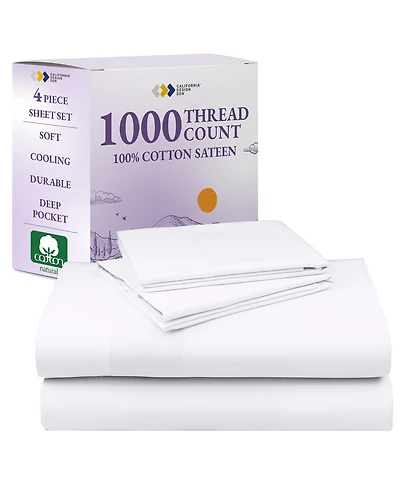 Luxury 1000 Thread Count Bed Sheets Set - 100% Cotton Sateen - Soft, Thick & Deep Pocket