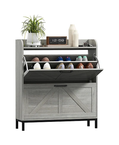 Homcom Narrow Shoe Cabinet, Farmhouse Shoe Storage Cabinet, Light