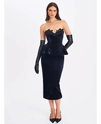 Miss Circle Women Pascha Black Lace Applique Strapless Peplum Maxi Dress