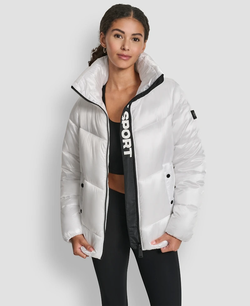 Dkny Women's Quilted Puffer Interior Placket Logo Jacket
