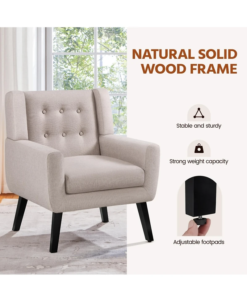 Yaheetech Linen Fabric Upholstered Button Tufted Armchair with Solid Wood Legs with Thick Removable Seat Cushion, Beige