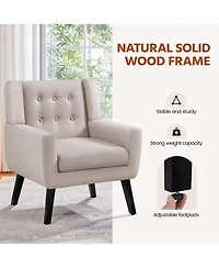 Yaheetech Linen Fabric Upholstered Button Tufted Armchair with Solid Wood Legs with Thick Removable Seat Cushion, Beige