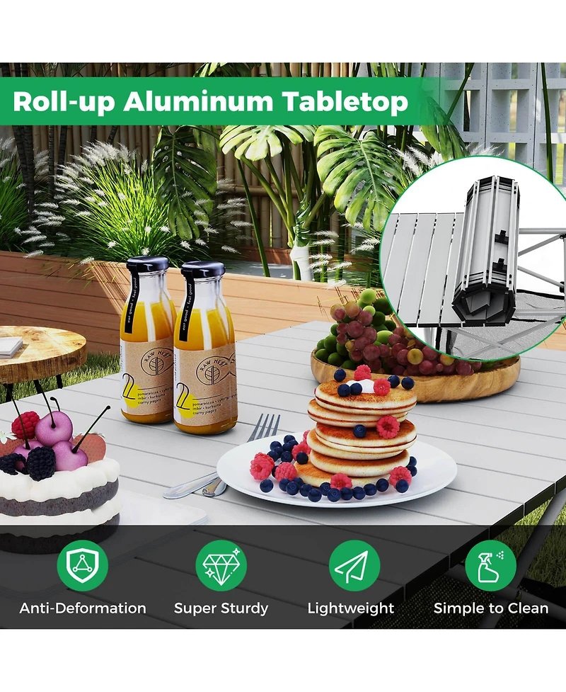 Costway Patio Folding Camping Table with Aluminum Roll-up Tabletop & Mesh Basket