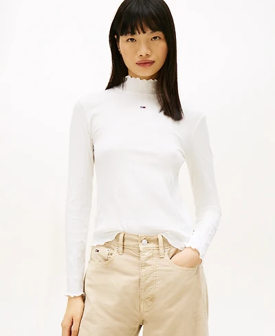 Tommy Jeans Women's Slim Ribbed Lettuce Edge Mock Neck Top