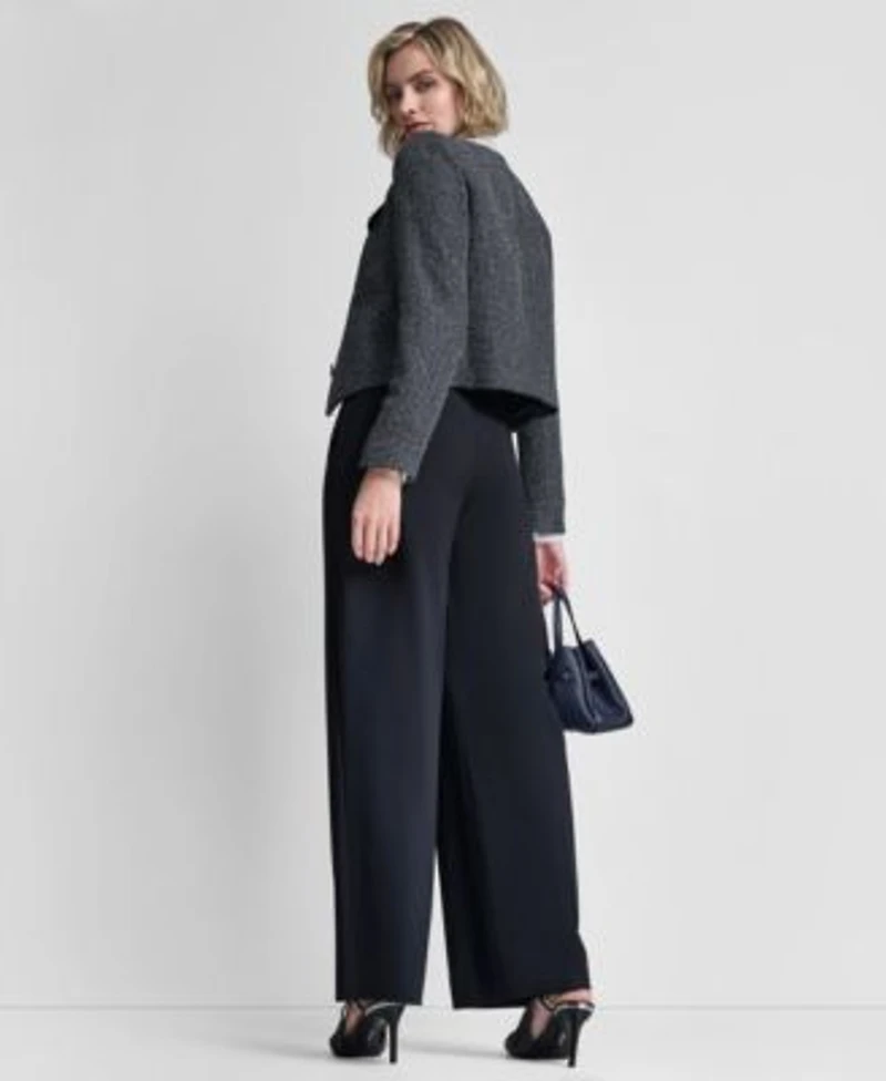 Dkny Womens Collarless Cropped 4 Button Jacket Pleated Button Up Blouse Pintuck Wide Leg Pants