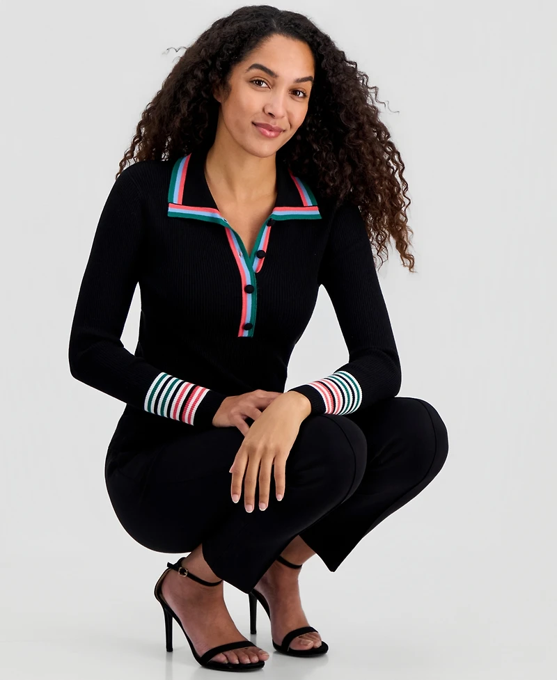 T Tahari Women's Striped-Trim Collared Button Top
