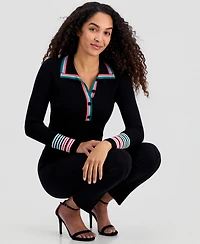 T Tahari Women's Striped-Trim Collared Button Top