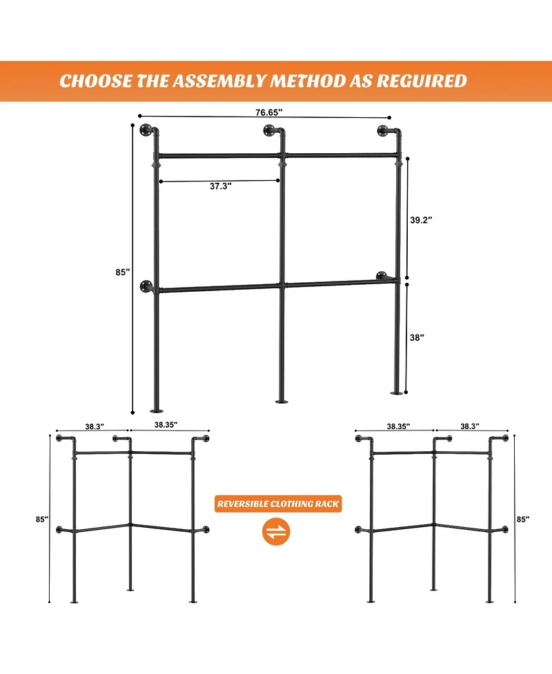 Aheaplus 3.5-13.5 Ft Reversible Wall Mounted Industrial Metal Pipe Clothing Rack for Hanging Clothes
