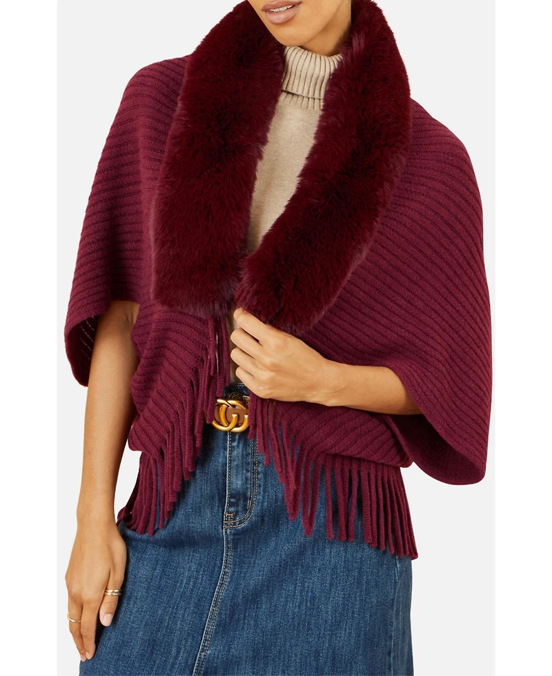 Yumi Women's Fur Collar Shrug With Tassel Hem
