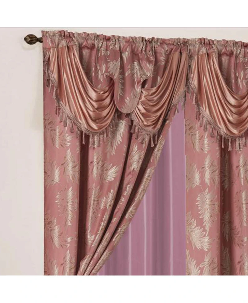 Olivia Gray Palm Floral Textured Jacquard 54 x 84 in. Single Rod Pocket Curtain Panel w/ Attached 18 in. Valance in Rose