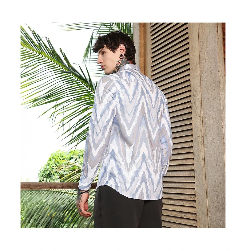 Campus Sutra Men's Icy Blue:Cream White Pastel-Geometric Jacquard Shirt