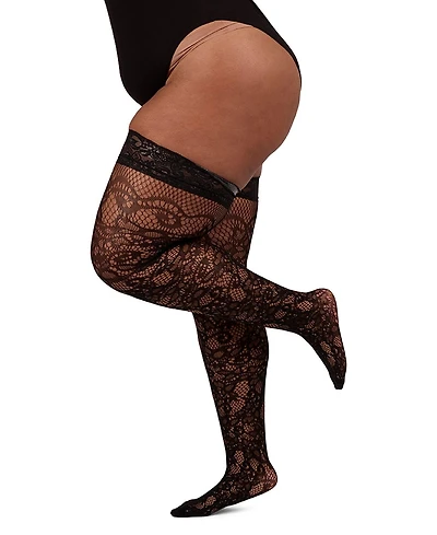 MeMoi Plus Size Net Swirl-Pattern Thigh High Stockings