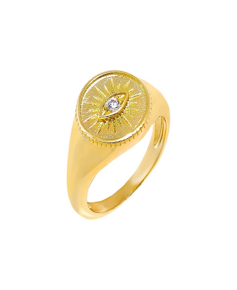 by Adina Eden Cubic Zirconia Gold Plated Evil Eye Signet Pinky Ring