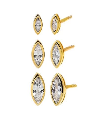by Adina Eden Cubic Zirconia Graduated Marquise Bezel Gold Plated Stud Earring Combo Set