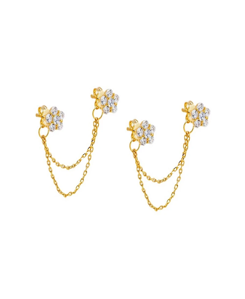 by Adina Eden Cubic Zirconia Gold Plated Double Flower Chain Stud Earrings