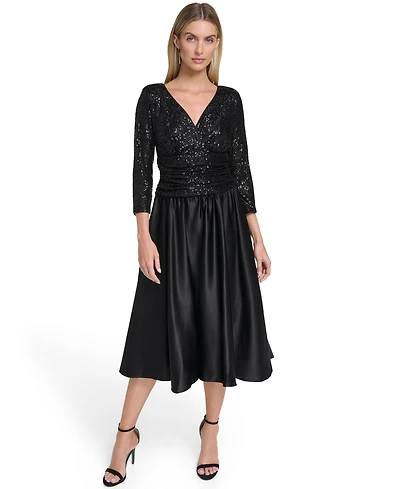 Jessica Howard Women's 3/4-Sleeve Surplus Bodice Ruched Waist Dress