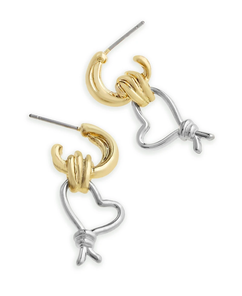 Steve Madden Two Tone Heart Knot Charm Huggie Earrings