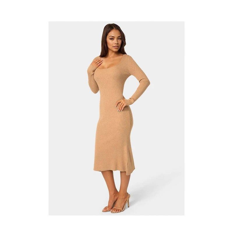Bebe Women's Long Sleeve Scoop Neck Sweater Midi Dress