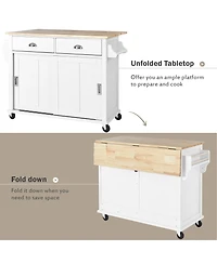 Casainc Kitchen Cart with Drop Leaf, Sliding Barn Door, Adjustable Height, Rolling Island Cabinet with Rubber Wood & 2 Drawers"