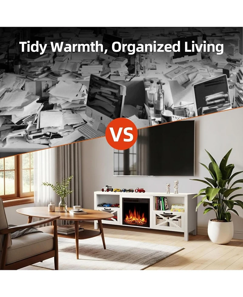 Cowsar Electric Fireplace with Mantel & Cabinets, Realistic Led Flames & Remote Control, 5 Flame Brightness Levels, Overheat Protection