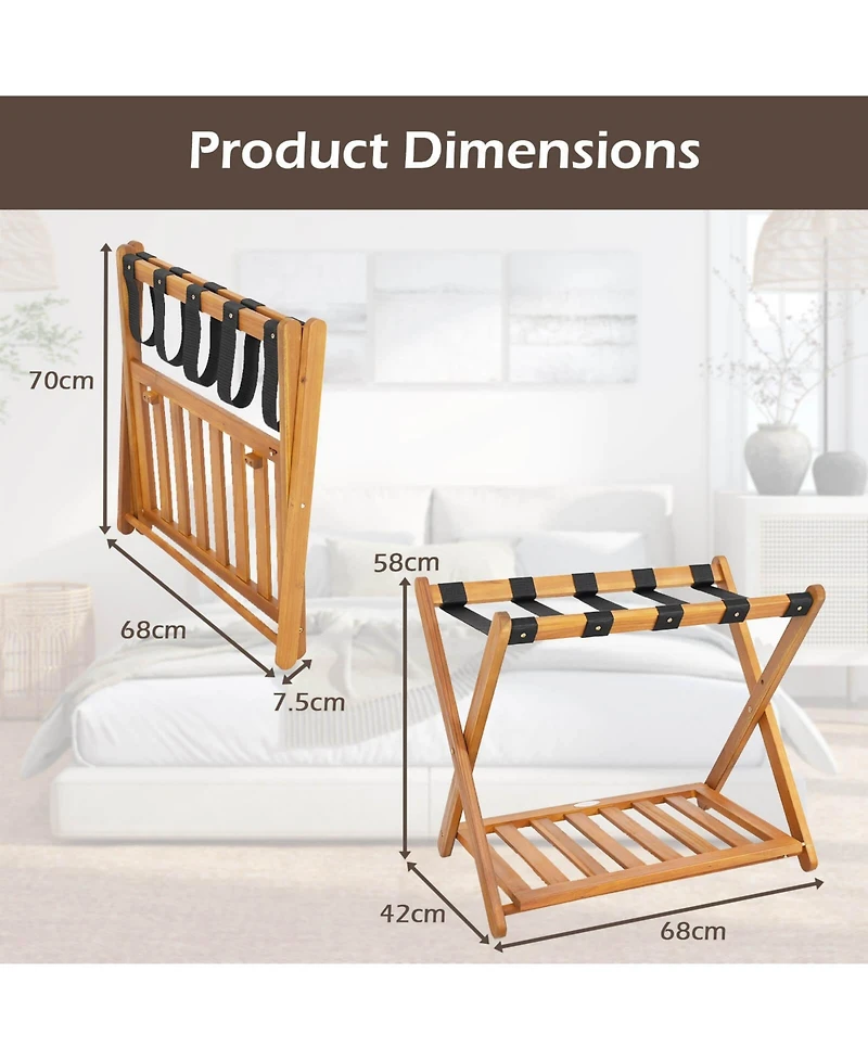 Costway-Folding Luggage Racks Set of 2 with Storage Shelf & 5 Nylon Straps Luggage Holder