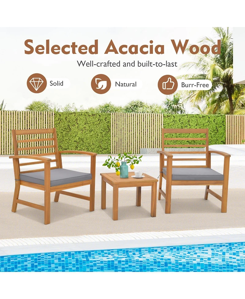 Gymax 3PCS Furniture Set Acacia Wood Conversation Set w/ Soft Seat Cushions Outdoor