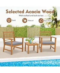 Gymax 3PCS Furniture Set Acacia Wood Conversation Set w/ Soft Seat Cushions Outdoor
