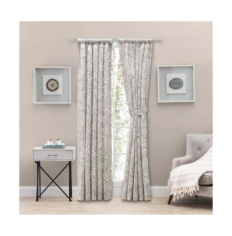 Ellis Shannon Printed Paisley Pattern on Cotton Fabric Tailored Pairs 3" Rod Pocket 100"x72" Natural