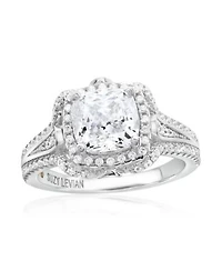 Suzy Levian Sterling Silver Cubic Zirconia Cushion Cut Center Stone Lotus Ring