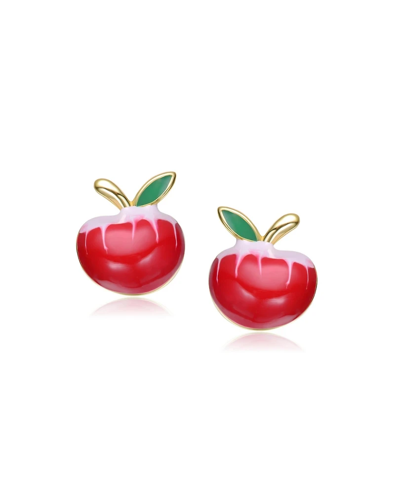 Rachel Glauber 14K Gold Plated with Red, Green & White Enamel Apple Stud Earrings For Kids