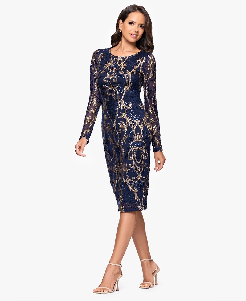 B&A By Betsy and Adam Petite Sequin Scoop Neck Long-Sleeve Dress
