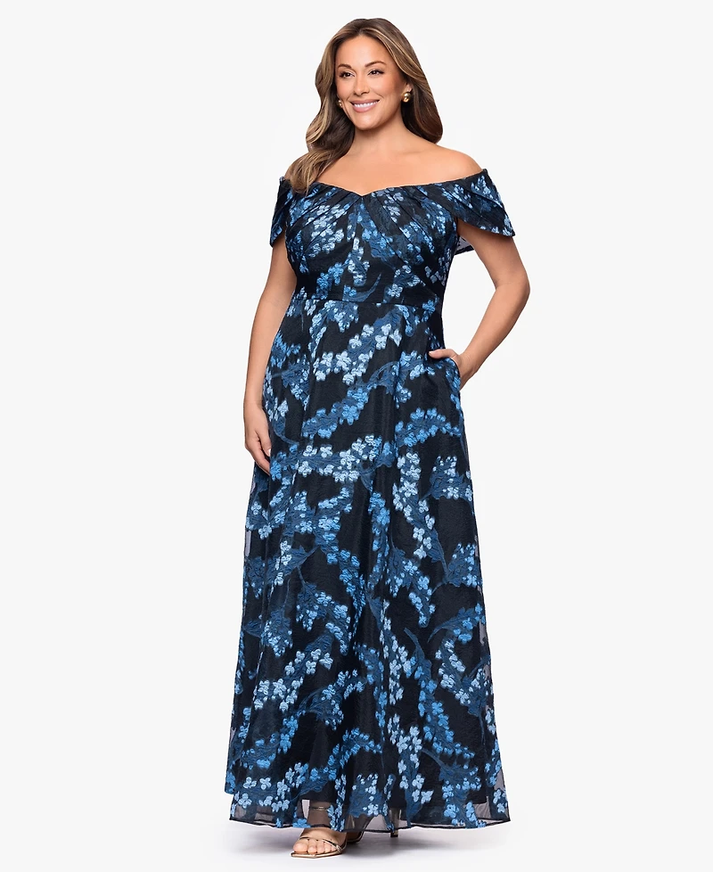 Betsy & Adam Plus Off-The-Shoulder Long Dress