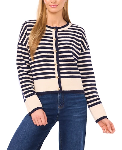 CeCe Women's Striped Long-Sleeve Cardigan Sweater
