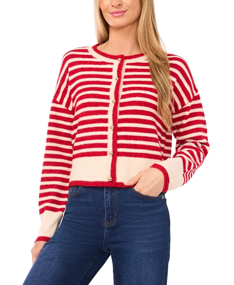CeCe Women's Striped Long-Sleeve Cardigan Sweater