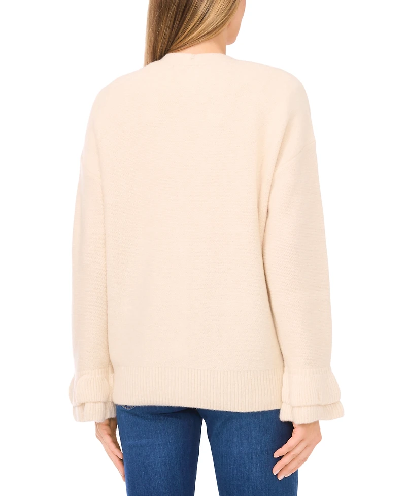 CeCe Women's V-Neck Ruffle Cuff Cardigan Sweater