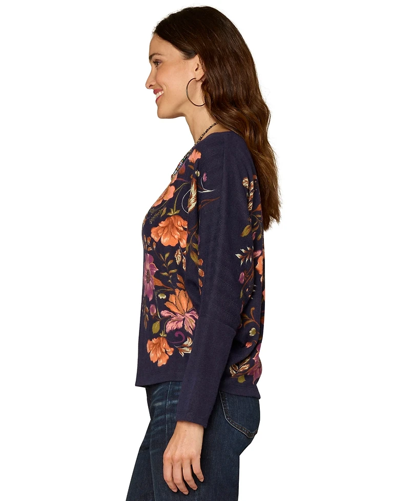 Democracy Petite Long-Sleeve Batwing Surplus Placement Print Knit Top