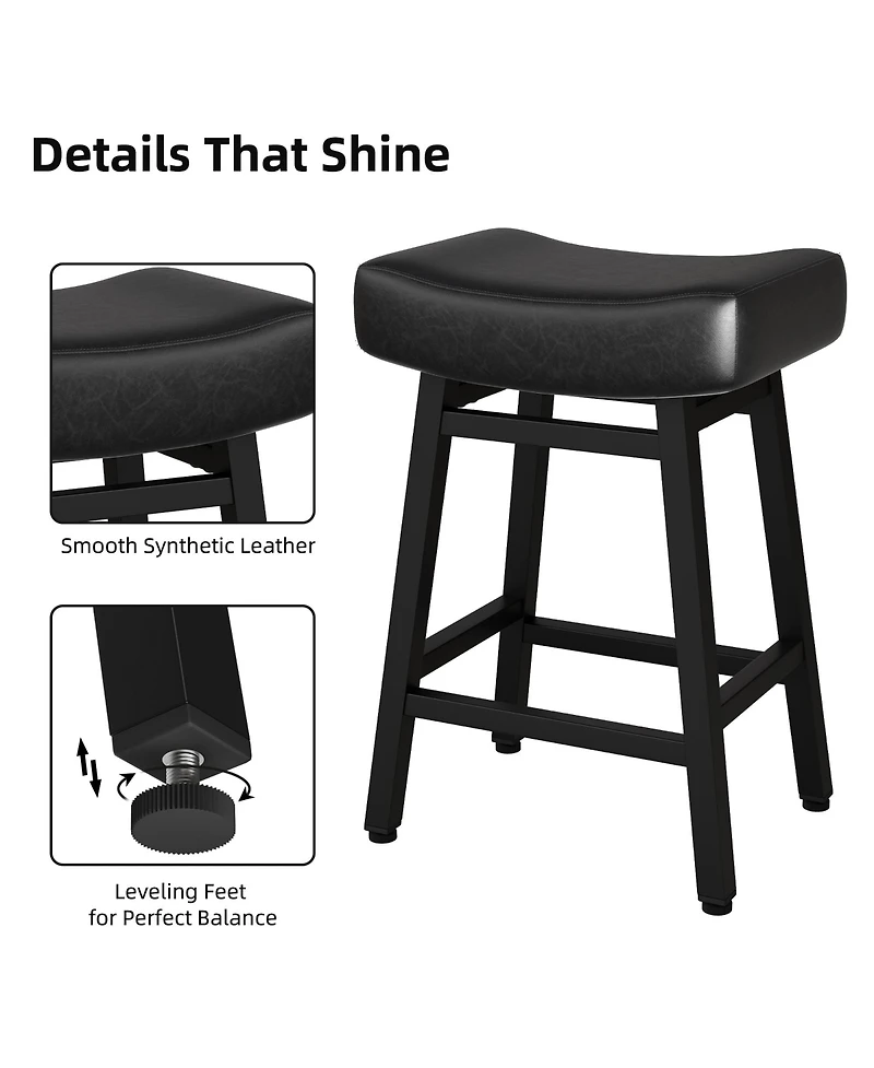 Dyhome 24 Inches Bar Stools Set of 3, Saddle Kitchen with Pu Leather Cushion Counter Height Barstools for Dining Cafe