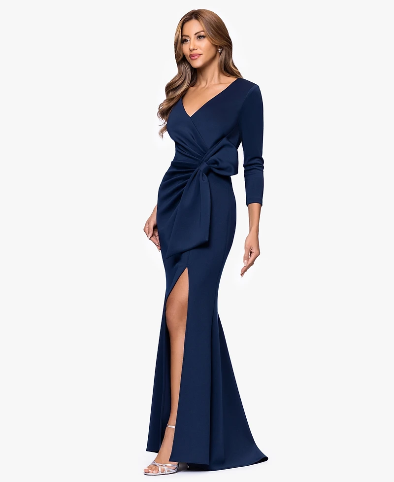 Xscape Women's V-Neck Waist Side Bow Long Dress