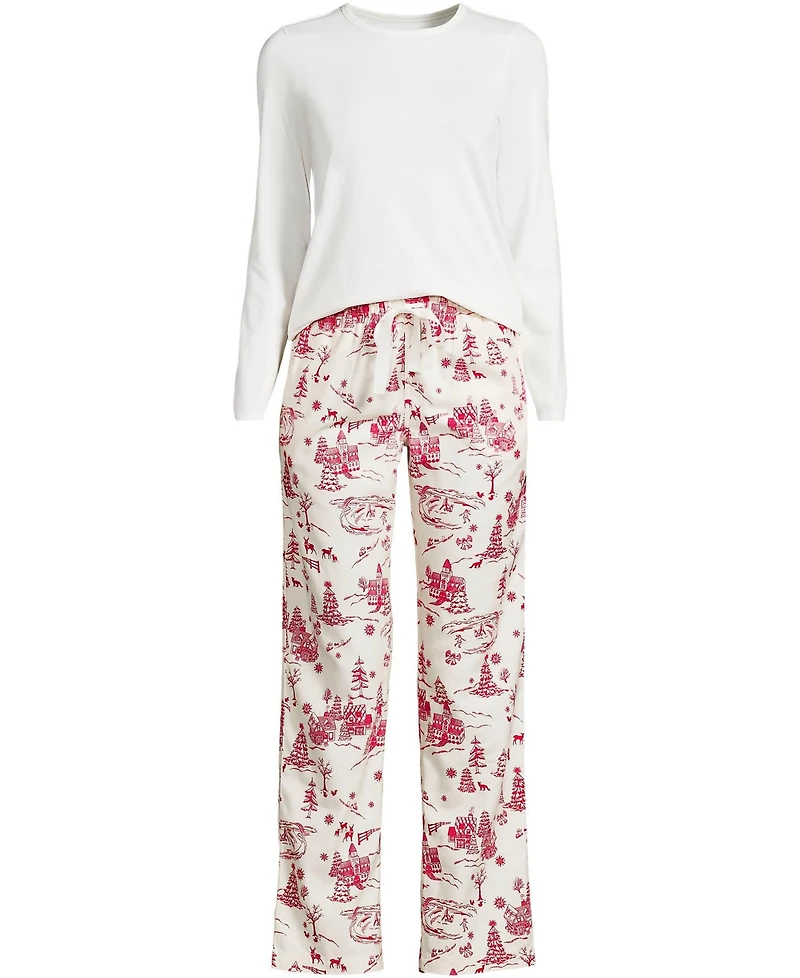 Lands' End Women's Pajama Gift Set - Knit Long Sleeve Top and Flannel Pants