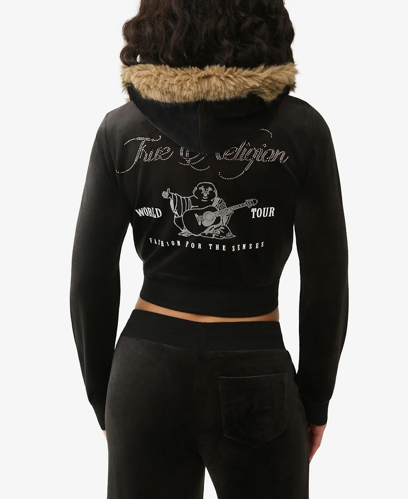True Religion Women's Crystal Velour Shrunken Hoodie