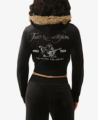 True Religion Women's Crystal Velour Shrunken Hoodie