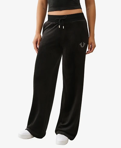 True Religion Women's Crystal Horseshoe Velour Straight Leg Sweatpant