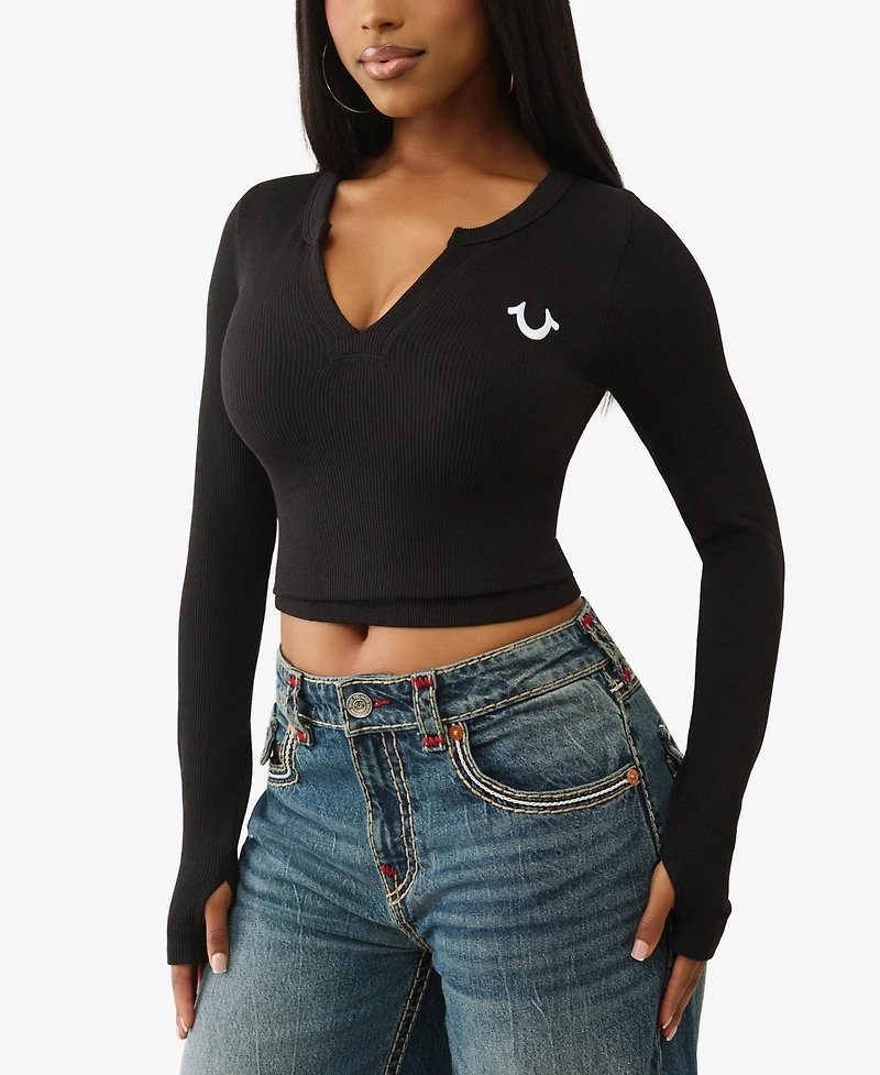 True Religion Women's Long Sleeve Seamless V Notch Top