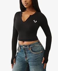 True Religion Women's Long Sleeve Seamless V Notch Top