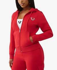 True Religion Women's Metallic Buddha Banner Zip Up Hoodie