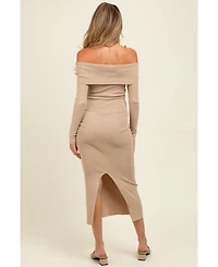 Pinkblush Maternity Beige Knit Off Shoulder Long Sleeve Midi Dress