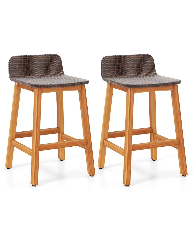 Gymax Solid Acacia Wood Bar Stools Set of Rattan Bar Height Patio Chairs for Porch