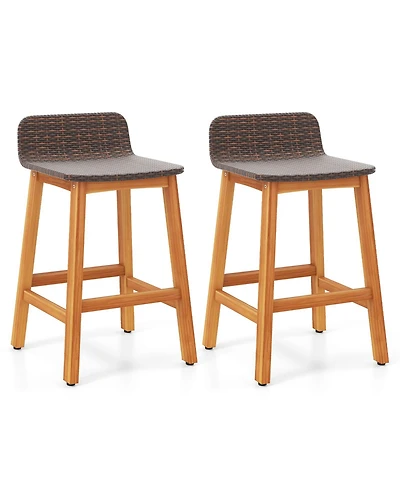 Gymax Solid Acacia Wood Bar Stools Set of 2 Rattan Bar Height Patio Chairs for Porch