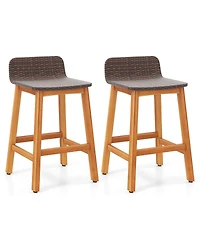 Gymax Solid Acacia Wood Bar Stools Set of Rattan Bar Height Patio Chairs for Porch