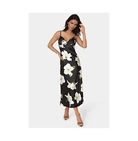 Bebe Womens Printed Satin V-Neck Maxi Dress